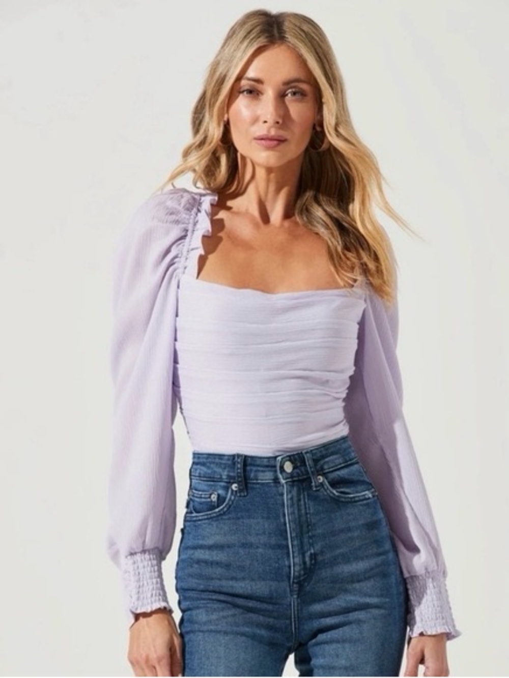 Smocked Square-Neck Long-Sleeve Top in Lavender